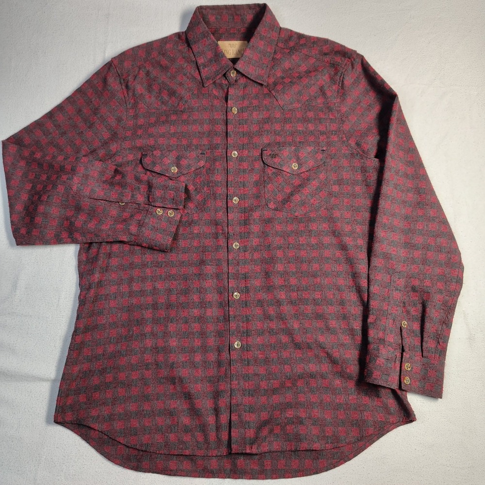 King Ranch Mens Western Shirt XL Red Charcoal Cotton Flannel Buffalo Check Yoke